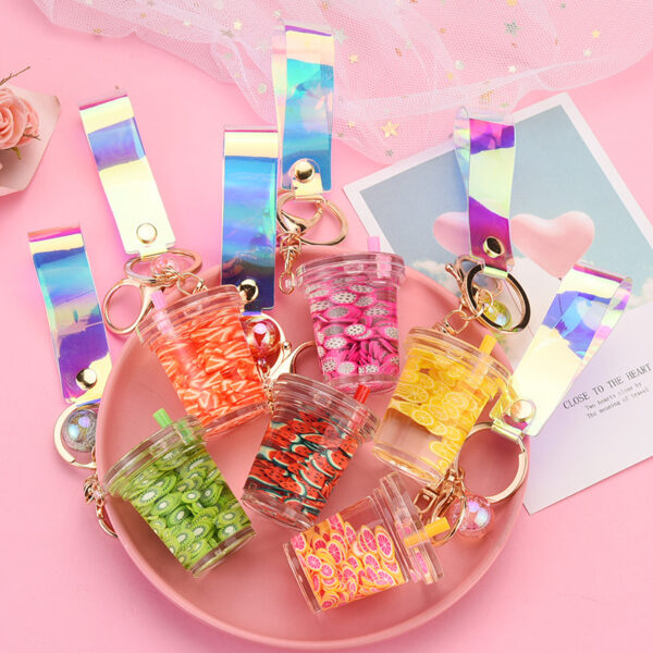 Wholesale Acrylic Milk Tea Cup Imitation Fruit Piece Floating Leather Rope Creative Key Chain