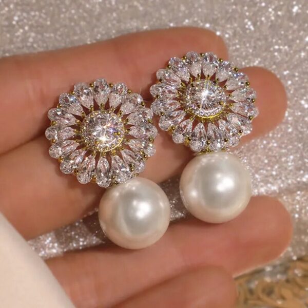 Wholesale Flower Zircon Imitation Pearl Copper Earrings