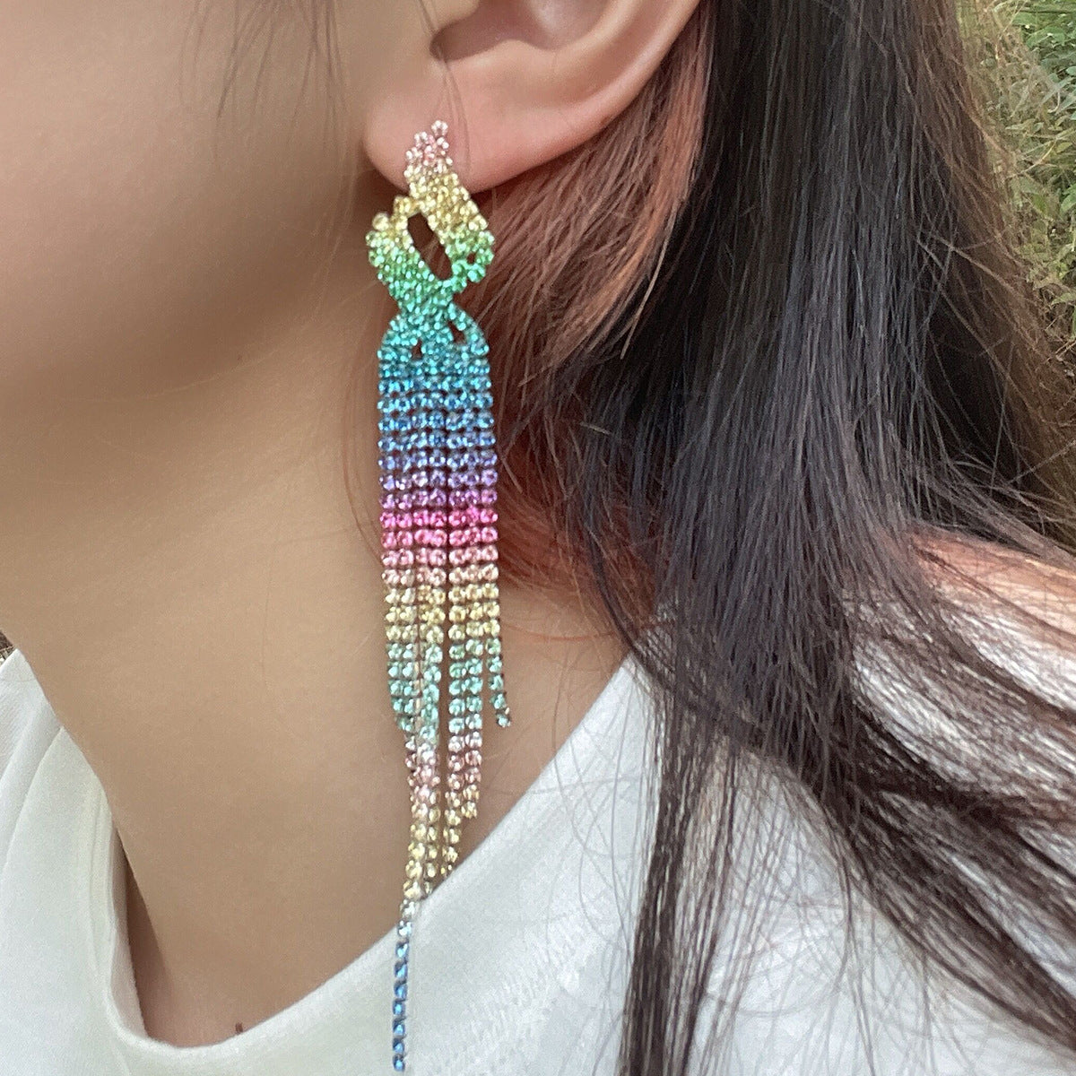 Wholesale Colorful Ser Sparkling Rhinestone Long Tassel Earrings