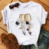 Whoelsale Valentine's Day Polyester High Heels, Wine Glass Printed Women's Short Sleeved T-shirt