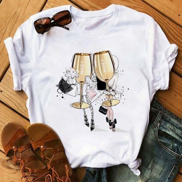 Whoelsale Valentine's Day Polyester High Heels, Wine Glass Printed Women's Short Sleeved T-shirt