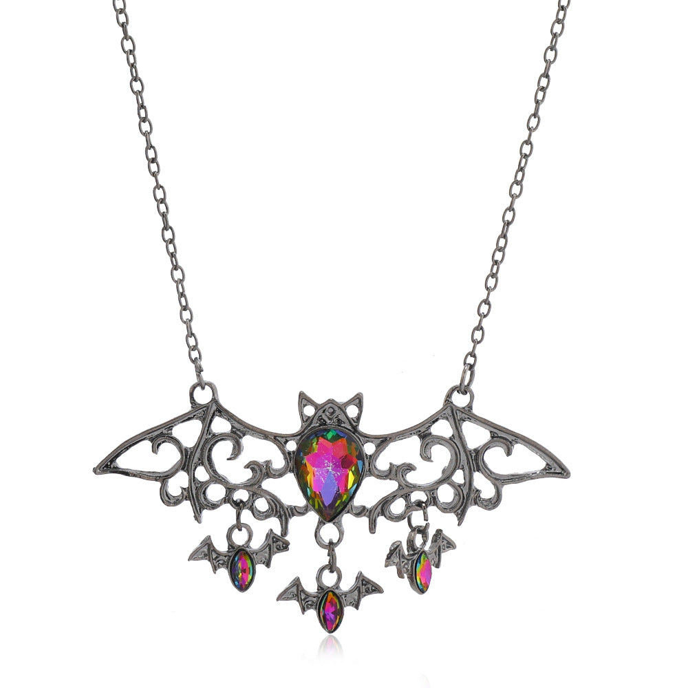 Wholesale Gothic Colorful Crystal Demon Bat Alloy Pendant Necklace