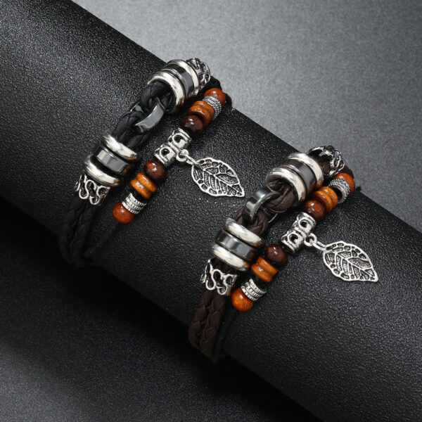 Wholesale Beaded Multi-layer Woven Leaves Men's Leather Bracelet