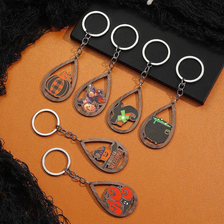Wholesale Water ops Pumpkin Ghost Print Wooden Keychain