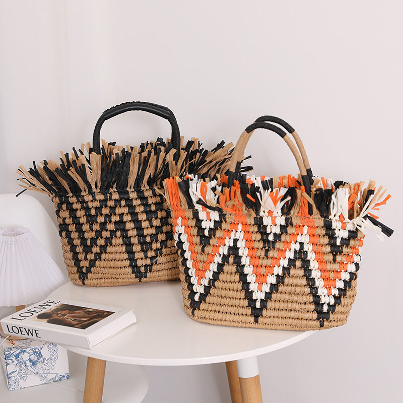 Wholesale Straw Color Block Beach Bag