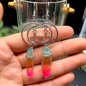 Pink Green Star Moon Earrings