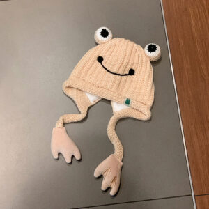 Beige frog/knitted ear protection hat / One size fits all