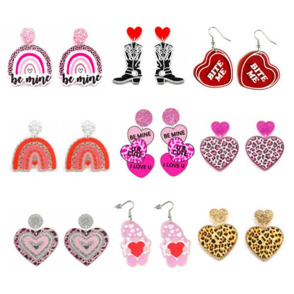 Wholesale Valentine's Day Pink Leopard Glitter Love Boots Rainbow Earrings