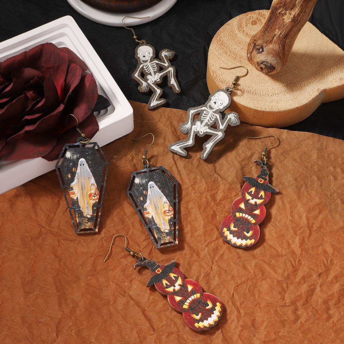 Wholesale Vintage Wooden Printed Skull Earrings