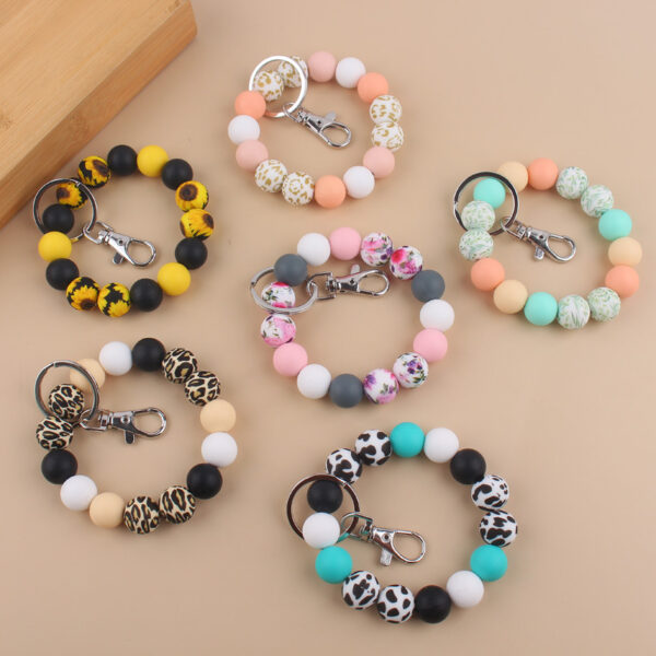 Wholesale Cow Pattern Leopard Pattern Silicone Beaded Wrist Keychain