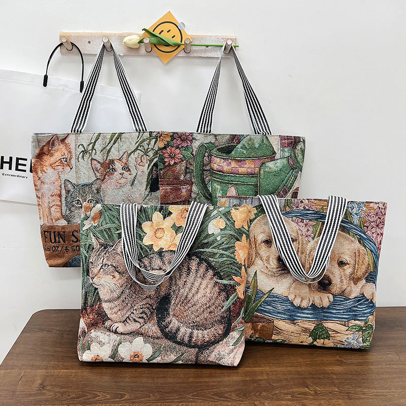 Wholesale Vintage Embroidered Cat Ppy Canvas Bag