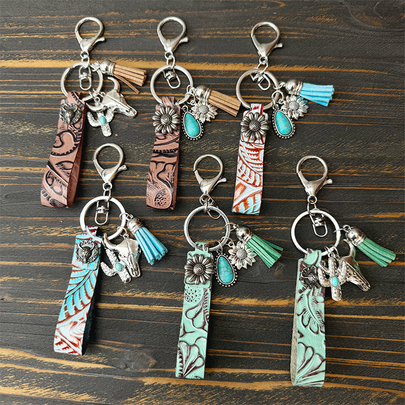 Wholesale Western retro denim turquoise keychain