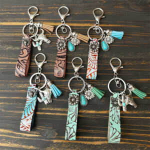 Wholesale Western Cowboy Vintage Genuine Leather Turquoise Cowhide Keychain