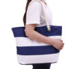 Wholesale Burlap Stripe Panel Canvas Shoulder Beach Bag