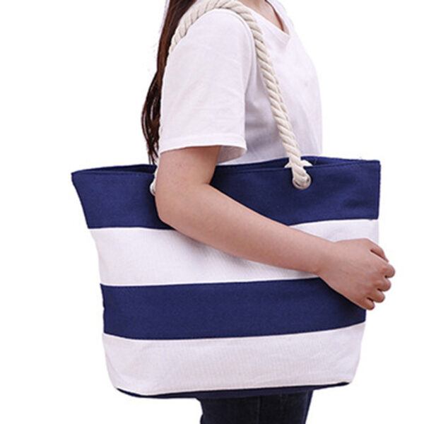 Wholesale Burlap Stripe Panel Canvas Shoulder Beach Bag