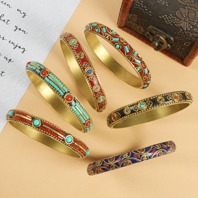 Wholesale Xizang-style Nepali Bracelet Ethnic Style Vintage Brass Set with Turquoise Xizang Handmade Bracelet Alien Style Men's and Women's Accessorie