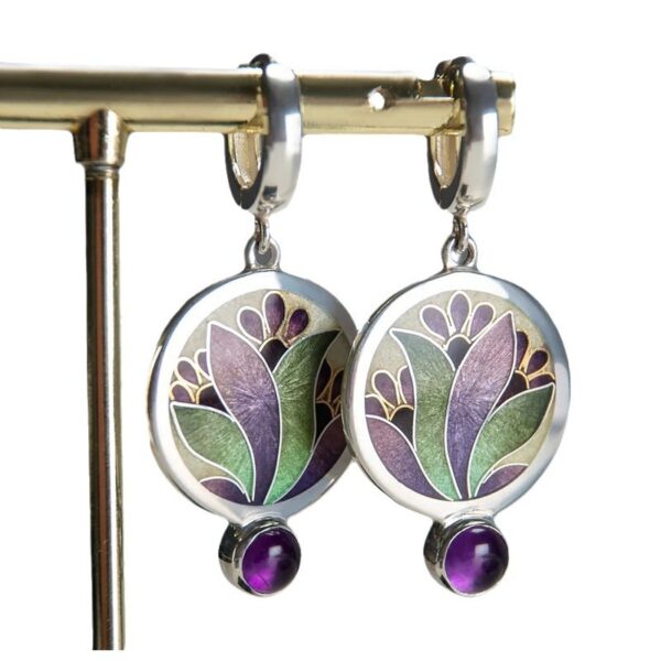 Wholesale Creative Flower Inlaid Purple Diamond Luxury Antique Silver Round Swing Earrings