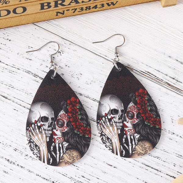 Wholesale dark rose flower skull earrings double-sided PU leather drop earrings