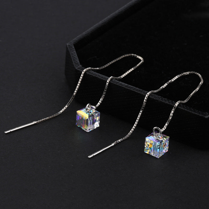 Wholesale S925 Sier Pin Sugar Cube Crystal Tassel Earrings