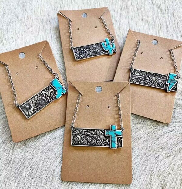 Wholesale Vintage Square Turquoise Cactus Lightning Cross Cowboy Boots Necklace