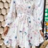 Wholesale Polyester Half Turtle Neck Tie Waist Floral Print Long Sleeve Dress