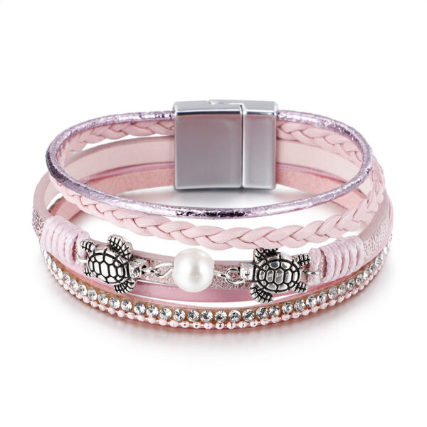 Wholesale Ethnic Style Pearl Turtle Magnetic Buckle Multi-layer PU Leather Woven Bracelet