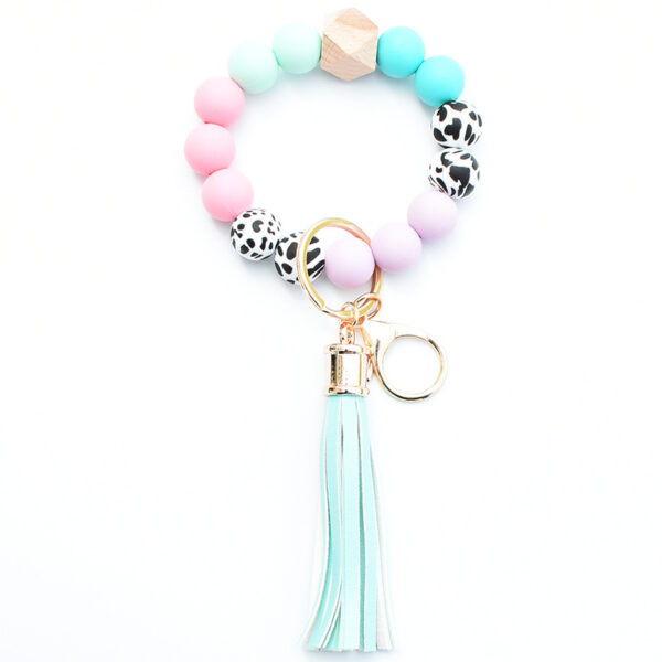 Wholesale Silicone Leopard Pattern Beaded Tassel Wrist Keychain