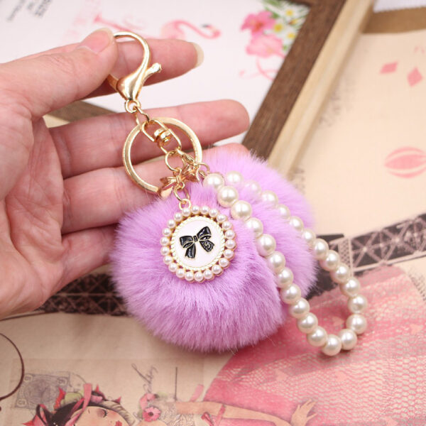 Wholesale Imitation Rex Rabbit Fur Ball Pearl Chain Bow Plush Ball Keychain