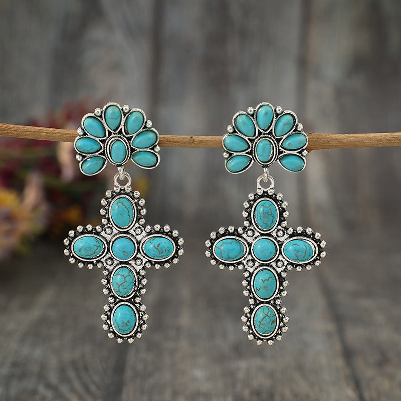 Wholesale Western Style Vintage Cross ing Half Flower Inlaid Turquoise Earrings