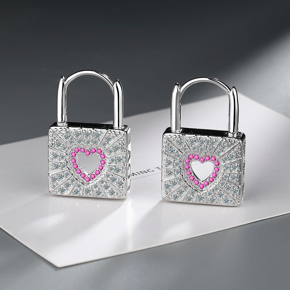 Wholesale Red Zirconia Diamond Heart Lock Copper Earrings