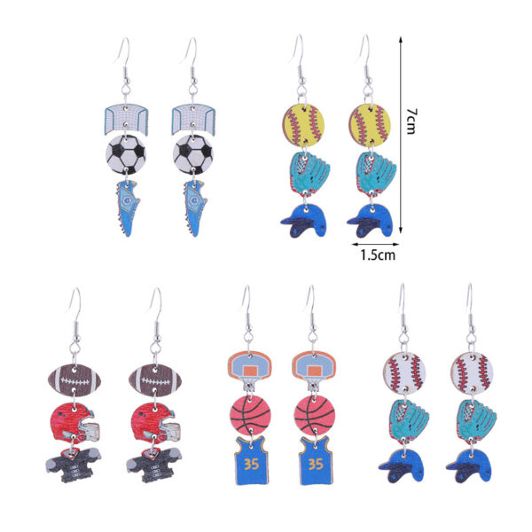 Wholesale Sports Style Baseball, Rugby, Basketball, Football, Long Wooden Earrings