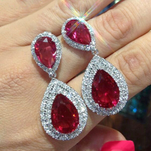 Wholesale Long Water Drop Zircon Imitation Ruby Copper Earrings