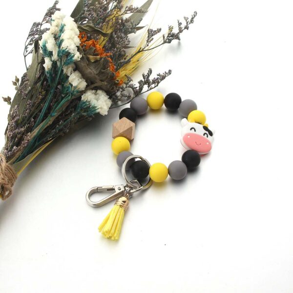 Wholesale Cartoon Bull Head Cow Silicone Beads Wooden Beads Wrist Keychain