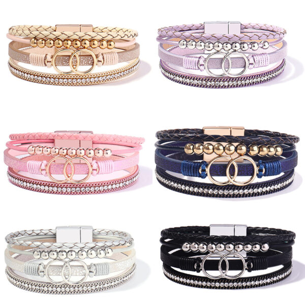 Wholesale Handmade Magnetic Clasp Diamond Encrusted Leather Bracelet