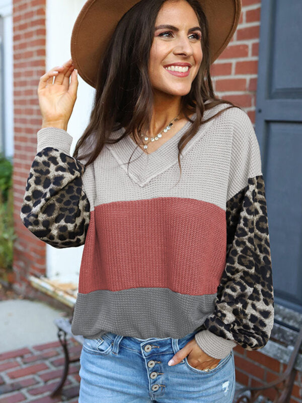 Wholesale Polyester Top Leopard Print Contrasting Color Versatile Hoodie