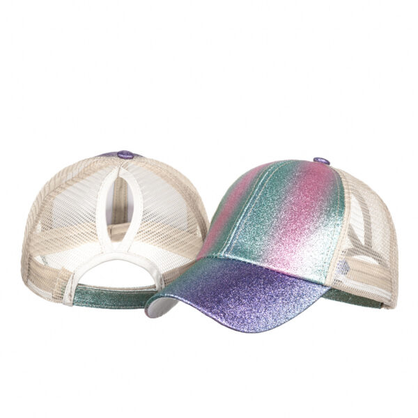 Wholesale Women's Ombre Glitter Double Cross Elastic Mesh Ponytail Baseball Cap