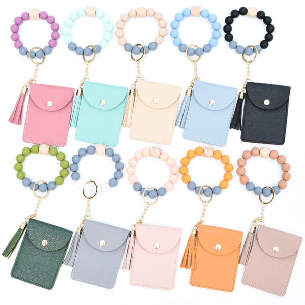 Wholesale Silicone Beads PU Solid Color Card Holder Wrist Keychain