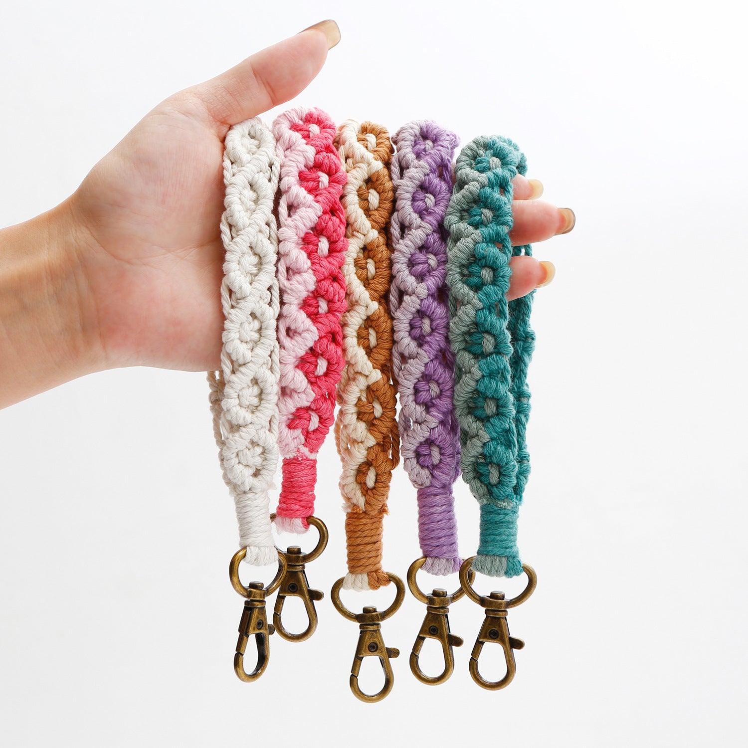 Wholesale Handwoven Flower Cotton Rope Lanyard Keychain