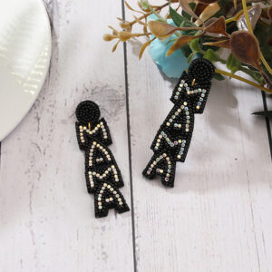 Pair of mama Mother's Day black beaded earrings