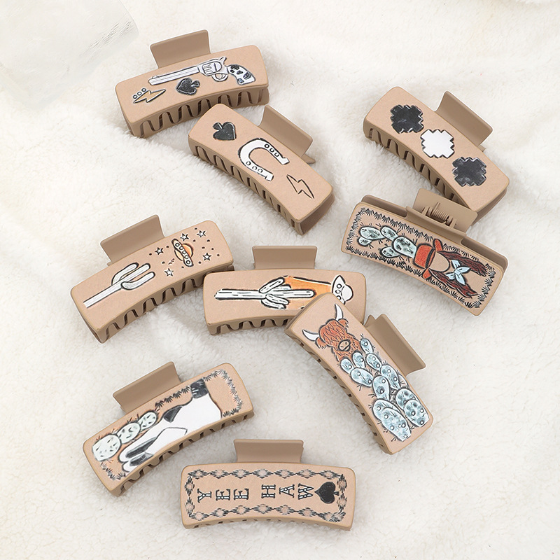 Wholesale Western Denim Wind Cactus Leather Women's Hairpin Grab Clip Shark Clip Amazon AliExpress Cross Border