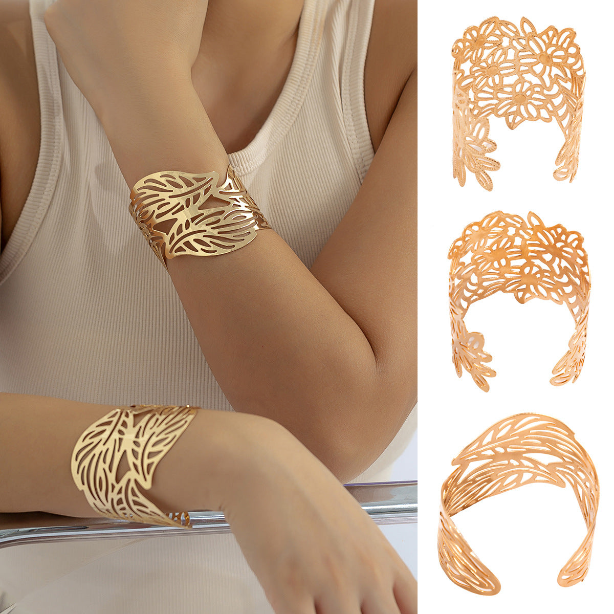 Wholesale Geometric Metal Hollow Flower Leaf Opening Bracelet