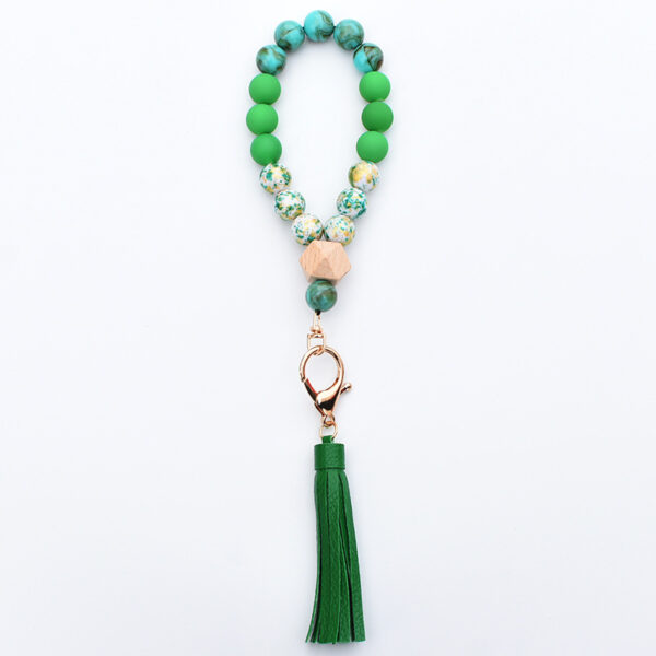 Wholesale Wooden Bead PU Printed Tassel Pendant Wrist Keychain