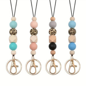 Wholesale Leopard Print Silicone Beaded Lanyard ID Keychain
