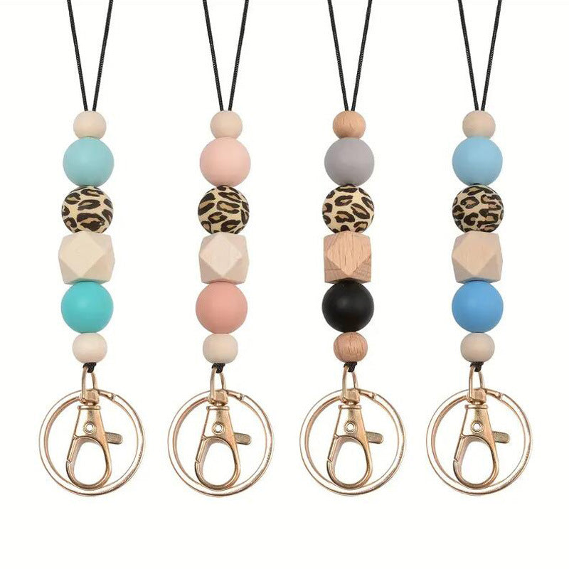 Wholesale Leopard Print Silicone Beaded Lanyard ID Keychain