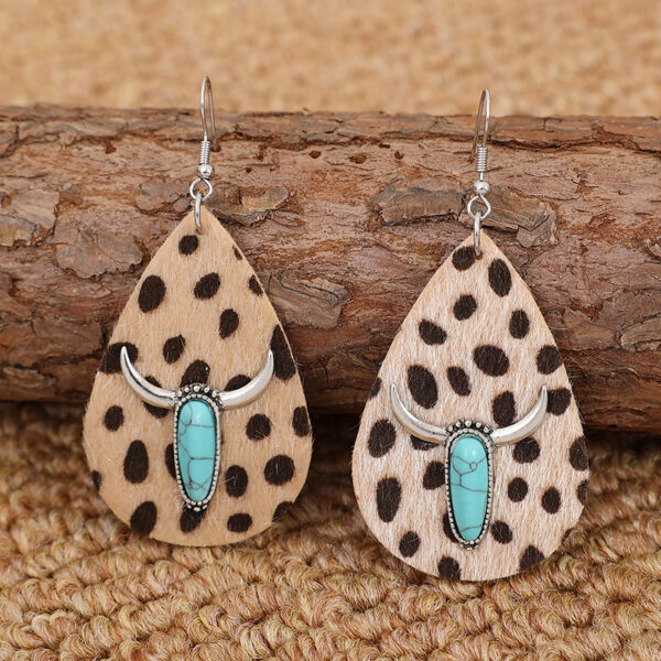 Wholesale Vintage Plush Leopard Print Turquoise Bull Scalp Earrings