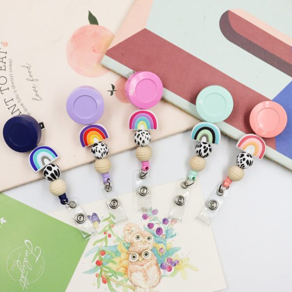 Wholesale Badge Reels Silicone Beaded Rainbow Retractable Keychain