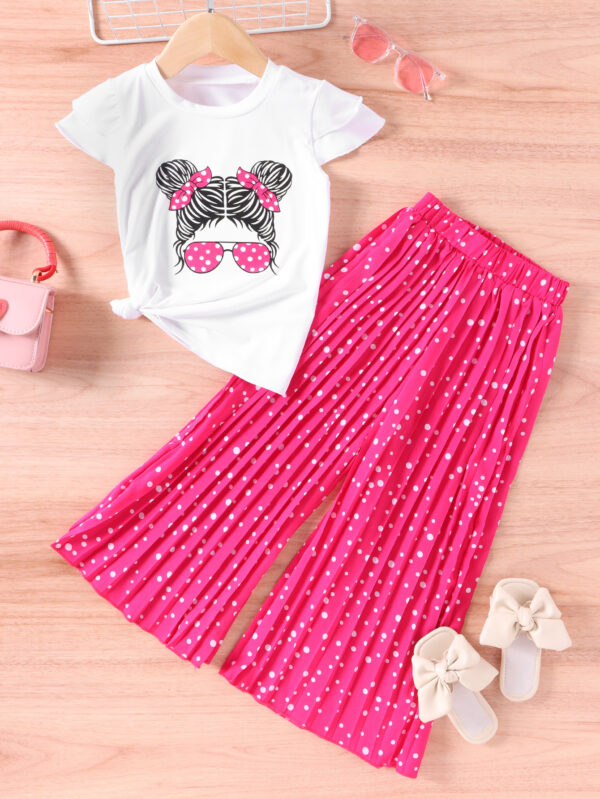 Wholesale Cartoon Avatar Short Sleeved and Wide Leg Pants Casual Polyester Two-piece Set