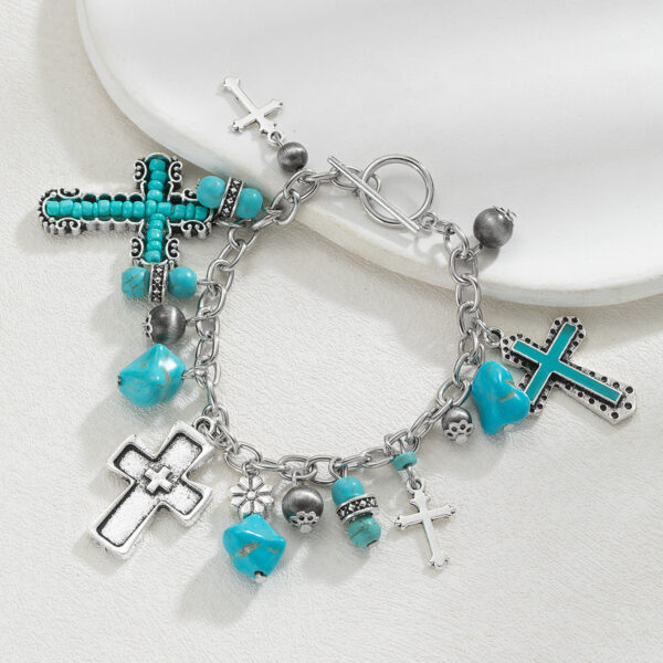 Wholesale Turquoise Antique Cross Bead Carving Silver Turquoise Vintage Style Irregular Fashion Bracelet