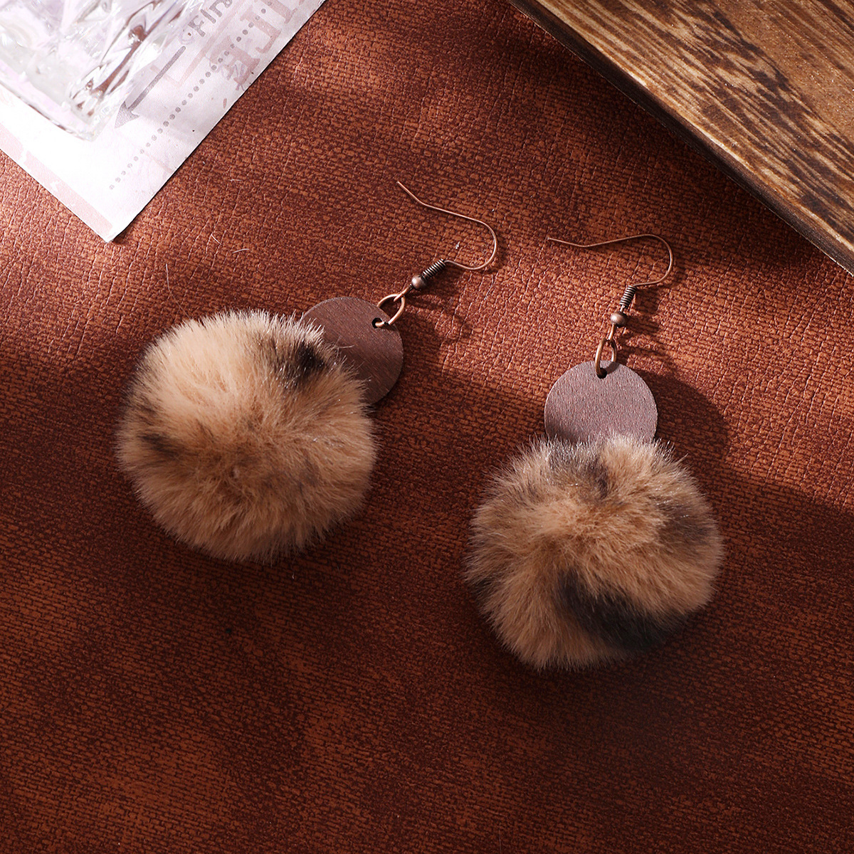 Wholesale Vintage brown and black faux fur ball earrings
