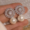 Wholesale Flower Zircon Imitation Pearl Copper Earrings